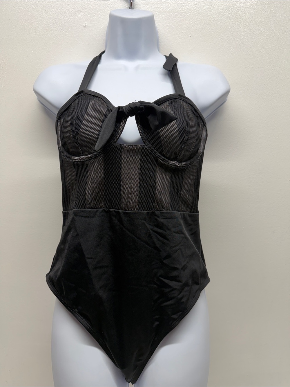 Killstar Shadow Stripe Swimsuit One Piece Halter Bow Underwired Bra Black Medium